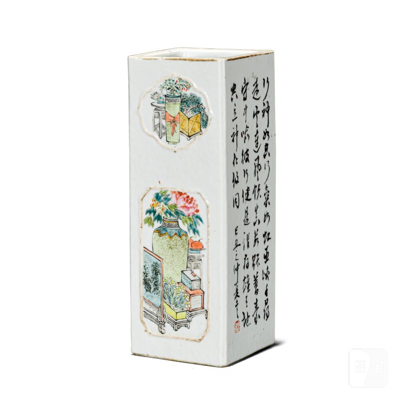 清光绪 陆清标浅绛彩花鸟博古四方帽筒 - 图1